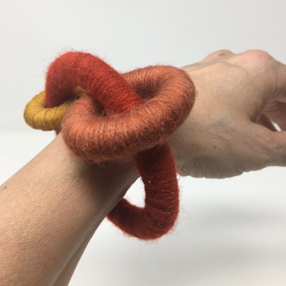 Handmade Red Orange Yellow Wool Acrylic Cotton Wrapped Multi Wood Ring Bracelet